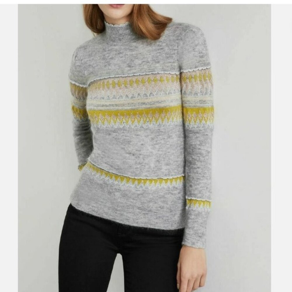BCBGMaxAzria Wool Mohair Blend Mixed Intarsia Turtleneck Sweater Gray Size M